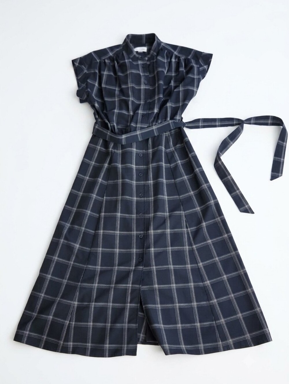 Calvin Klein Womens Size 8 Navy Blue Plaid Belted Midi Shirtdress - Picture 2 of 15